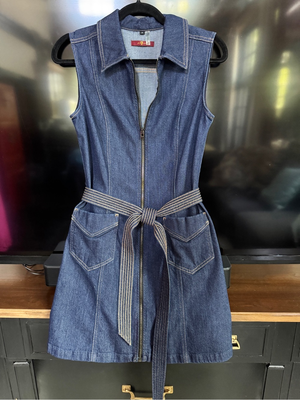 7 For All Mankind Denim Shirt Jacket in Navy Blue with Burgundy Label
